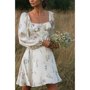 NWT Lichi Mini Dress S Puff Sleeve Cream Floral Satin Milkmaid Cottagecore